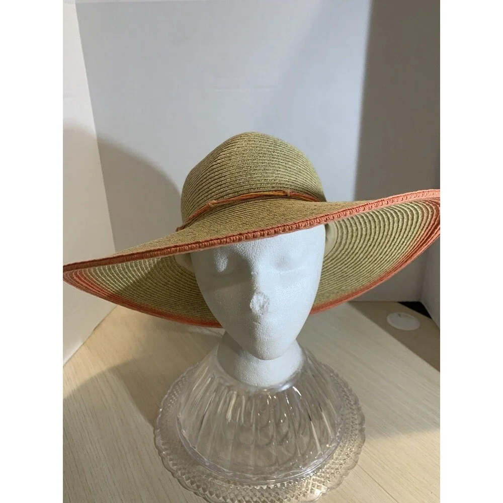 K.Keith Beige Straw Sun Hat Wide Brim with Peach edge and Band, Adjustable Sz M